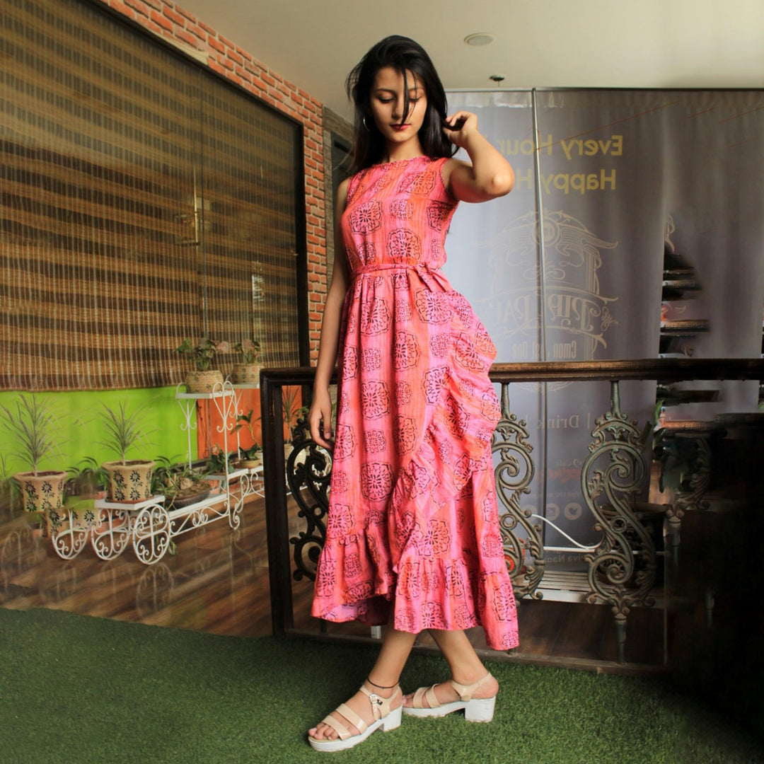 Multicolor Hand Block Print Frill Dress